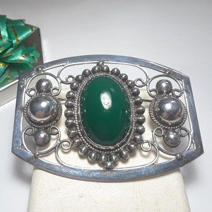 Estate 24X16mm Oval Bezel Set Green Onyx scroll & ball Sterling Silver Pin#16854